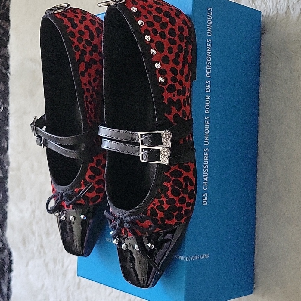 John Fluevog Voggettes Pina Red and Black Pony Hair